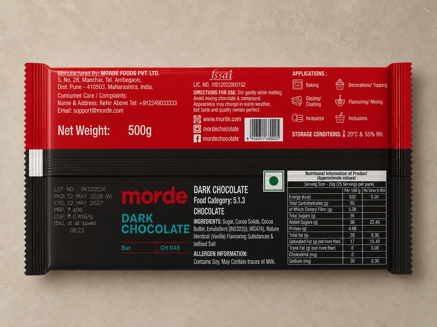 MORDE DARK CHOCOLATE BAR CH D45